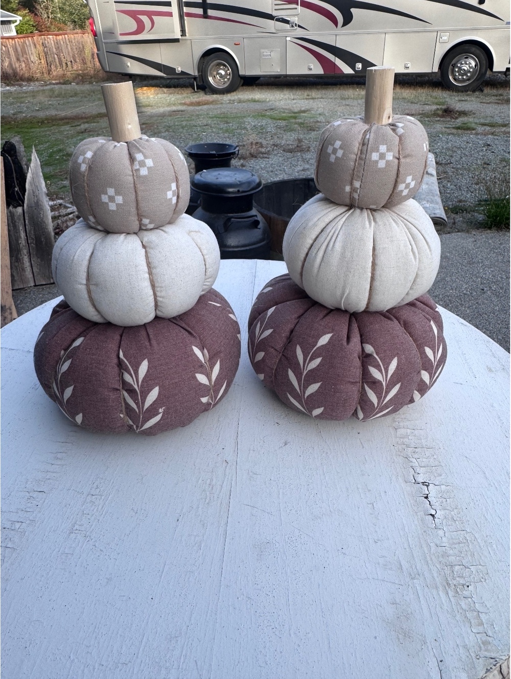 Set of 2 Stacked Fabric Pumpkins Neutral Fall Harvest Farmhouse Decor 12”